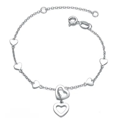 Rachel Glauber Rg Childern/teen 14k Gold Plated Double Halo Heart Dangle Charm Station Bracelet, Adjustable In Leng In White