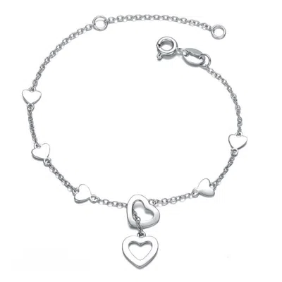 Rachel Glauber Rg Childern/teen 14k Gold Plated Double Halo Heart Dangle Charm Station Bracelet, Adjustable In Leng In Silver
