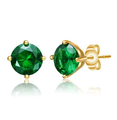 Rachel Glauber Rg White Gold Plated And Clear Cubic Zirconia Solitaire Stud Earrings In Green