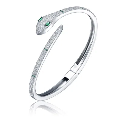 Rachel Glauber Rg White Gold Plated With Emerald & Cubic Zirconia Snake Bypass Coil Wrap Bangle Bracelet In Green