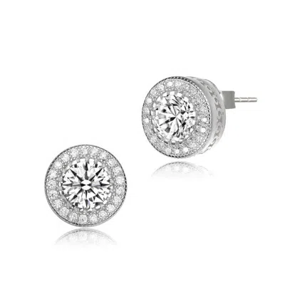 Rachel Glauber Round Halo Stud Earrings With Clear Cubic Zirconia In Silver