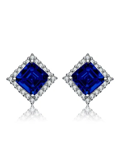 Rachel Glauber Square Stud Earrings With Colored Cubic Zirconia In Blue