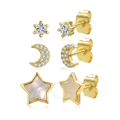 Rachel Glauber Star & Crescent Moon Astrological Zodiac Galaxy 3-piece Stud Earrings Set In Gold-tone
