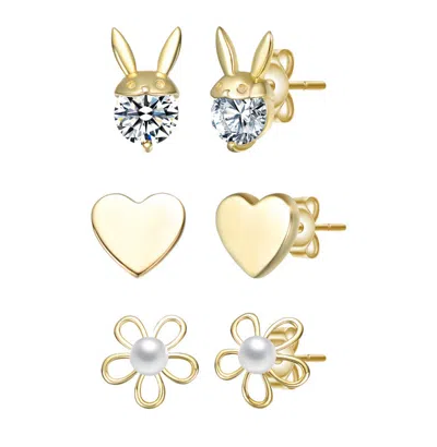 Rachel Glauber Sterling Silver 14k Gold Plated With Clear Cubic Zirconia & Mother Of Pearl Rabbit, Heart & Flower S