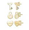 Rachel Glauber Sterling Silver 14k Gold Plated With Clear Cubic Zirconia Heart, Key & Lock "love & Lock" Stud Earri In Gold