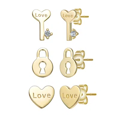 Rachel Glauber Sterling Silver 14k Gold Plated With Clear Cubic Zirconia Heart, Key & Lock "love & Lock" Stud Earri