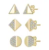 Rachel Glauber Sterling Silver 14k Gold Plated With Clear Paved Cubic Zirconia Triangle, Square & Circle Stud Earri In Gold