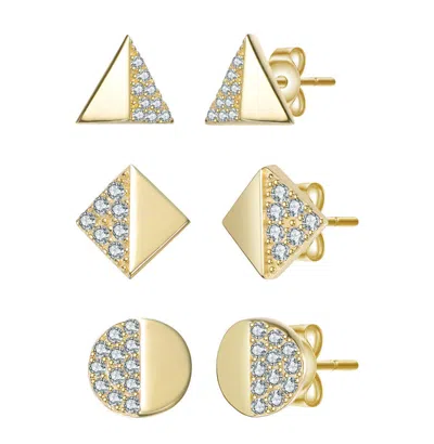 Rachel Glauber Sterling Silver 14k Gold Plated With Clear Paved Cubic Zirconia Triangle, Square & Circle Stud Earri