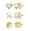 Rachel Glauber Sterling Silver 14k Gold Plated With Heart, Cross, & Cube 3d Design 3-piece Stud Earrings Set In Multi
