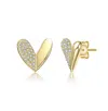 Rachel Glauber Sterling Silver 14k Gold Plated With Paved Clear Cubic Zirconia Sleek Heart Stud Earrings In Gold