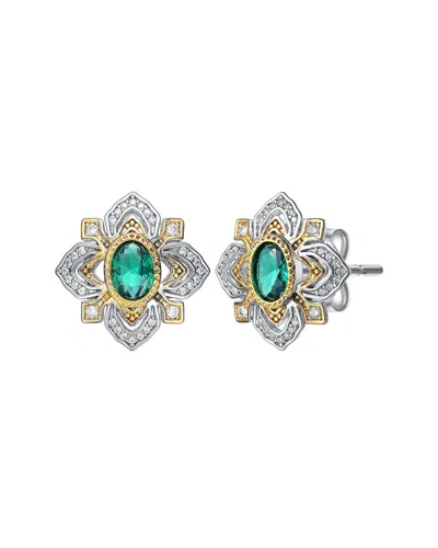 Rachel Glauber Rhodium And 14k Gold Plated Emerald Cubic Zirconia Stud Earrings In Two-tone