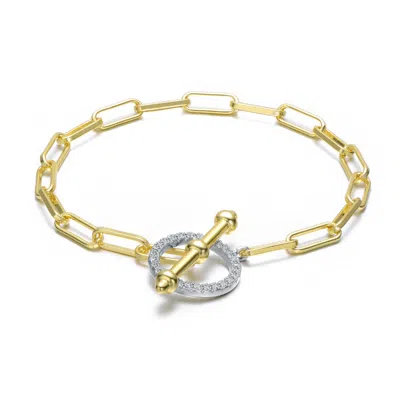 Rachel Glauber Two-tone With Clear Cubic Zirconia Toggle Clasp Link Bracelet In Gold