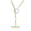 Rachel Glauber Two-tone With Clear Cubic Zirconia Toggle Clasp Paperclip Chain Necklace In Gold
