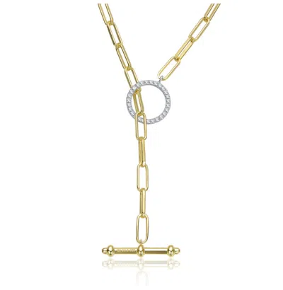 Rachel Glauber Two-tone With Clear Cubic Zirconia Toggle Clasp Paperclip Chain Necklace In Gold