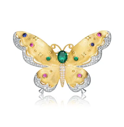 Rachel Glauber Two-tone With Colored Cubic Zirconia Butterfly Pin In Gold