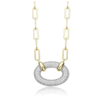 Rachel Glauber Two-tone With Clear Cubic Zirconia Thick Circular Pendant Necklace In Metallic