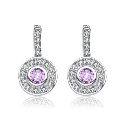 Rachel Glauber White Gold Plated Round Dangle Earrings With Pink Cubic Zirconia In Purple