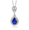 Rachel Glauber White Gold Plated Sapphire Blue Pear Cubic Zirconia Double Halo Dangle Pendant Necklace