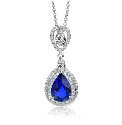 Rachel Glauber White Gold Plated Sapphire Blue Pear Cubic Zirconia Double Halo Dangle Pendant Necklace