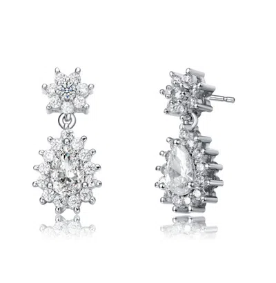 Rachel Glauber White Gold Plated With Clear Cubic Zirconia Double Flower Cluster Dangle Earrings