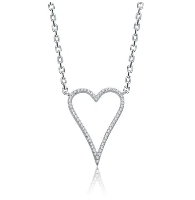Rachel Glauber White Gold Plated With Clear Cubic Zirconia Elongated Open Heart Halo Pendant Necklace In Silver