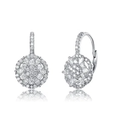 Rachel Glauber White Gold Plated With Clear Cubic Zirconia Flower Cluster Halo Dangle Earrings With Leverbacks In Silver