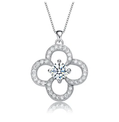 Rachel Glauber White Gold Plated With Clear Cubic Zirconia Flower Shape Pendant Necklace In Metallic