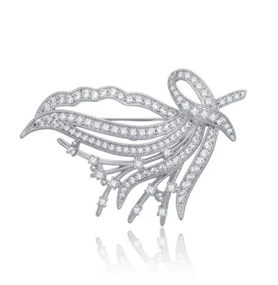 Rachel Glauber White Gold Plated With Clear Cubic Zirconia Flowing Petals Floral Brooch In Silver