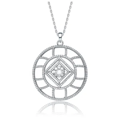 Rachel Glauber White Gold Plated With Clear Cubic Zirconia Geometric Halo Pendant Necklace In Transparent