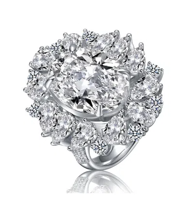 RACHEL GLAUBER WHITE GOLD PLATED WITH CLEAR CUBIC ZIRCONIA OVAL COCKTAIL SNOWFLAKE CLUSTER RING