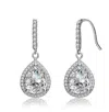 Rachel Glauber White Gold Plated With Clear Cubic Zirconia Raindrop Pear Halo Dangle Earrings In Silver