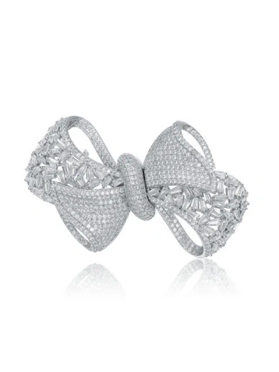 Rachel Glauber White Gold Plated With Clear Cubic Zirconia Ribbon Bow-tie Brooch/pin In Silver