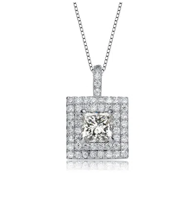 Rachel Glauber White Gold Plated With Clear Cubic Zirconia Solitaire Double Halo Cluster Pendant Necklace