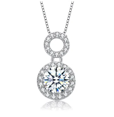 Rachel Glauber White Gold Plated With Clear Cubic Zirconia Solitaire Double Halo Drop Pendant Necklace