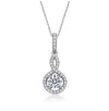 Rachel Glauber White Gold Plated With Clear Cubic Zirconia Solitaire Double Halo Drop Pendant Necklace
