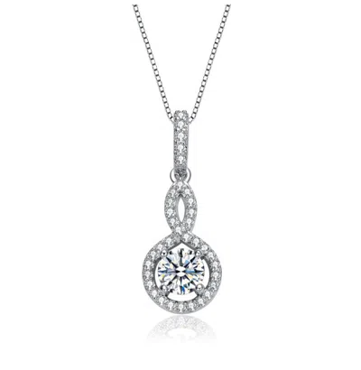 Rachel Glauber White Gold Plated With Clear Cubic Zirconia Solitaire Double Halo Drop Pendant Necklace