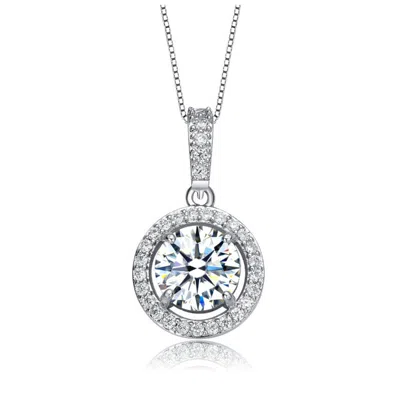 Rachel Glauber White Gold Plated With Clear Cubic Zirconia Solitaire Halo Pendant Necklace