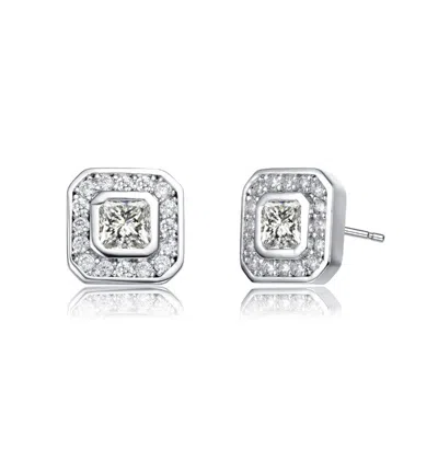 Rachel Glauber White Gold Plated With Clear Cubic Zirconia Square Stud Earrings