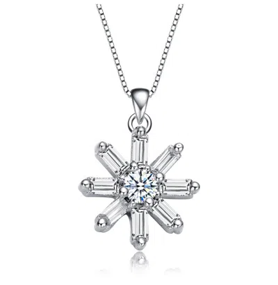 Rachel Glauber White Gold Plated With Clear Cubic Zirconia Starry Cluster Flower Pendant Necklace In Metallic