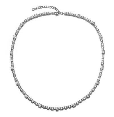 Rachel Glauber White Gold Plated With Clear Cubic Zirconia Tennis Chain Necklace In Silver