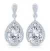 Rachel Glauber White Gold Plated With Clear Pear Round Cubic Zirconia Halo Teardrop Earrings In White