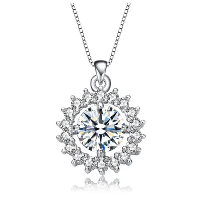 Rachel Glauber White Gold Plated With Clear Round Cubic Zirconia Flower Style Pendant Necklace In Metallic