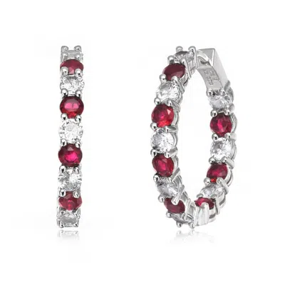 Rachel Glauber White Gold Plated With Colored Cubic Zirconia Inside Out Hoop Earrings In Red
