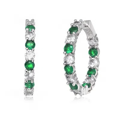 Rachel Glauber White Gold Plated With Colored Cubic Zirconia Inside Out Hoop Earrings In Green