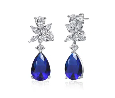 Rachel Glauber White Gold Plated With Colored Cubic Zirconia Teardrop Cluster Earrings In Blue