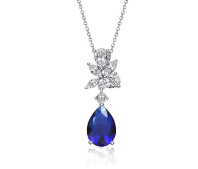 Rachel Glauber White Gold Plated With Colored Cubic Zirconia Teardrop Cluster Pendant Necklace In Blue