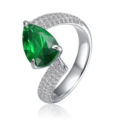 Rachel Glauber White Gold Plated With Emerald Green Pear-shaped Cubic Zirconia Bypass Ring In Metallic