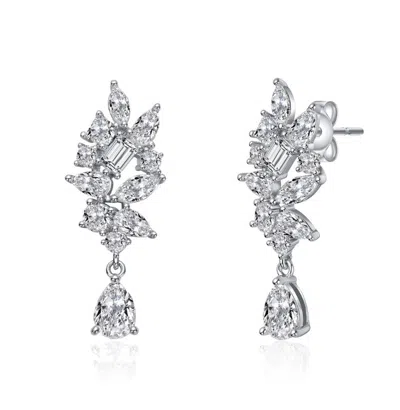 Rachel Glauber White Gold Plated With Marquise & Pear Shaped Clear Cubic Zirconia Dangle Earrings In Silver