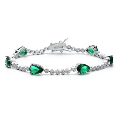 Rachel Glauber White Gold Plated With Pear Emerald Green & Clear Cubic Zirconia Tennis Bracelet
