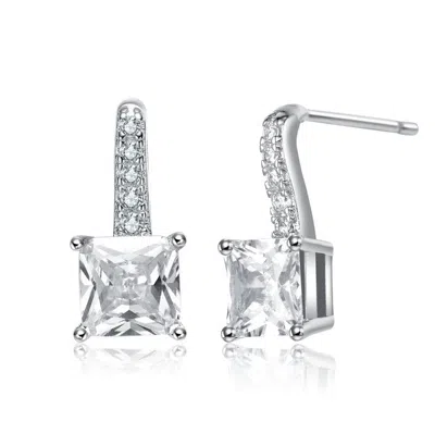 Rachel Glauber White Gold Plated With Princess-cut Cubic Zirconia Solitaire Drop Earrings In Silver